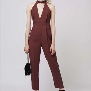 Topshop Plunge V Neck Maroon Jumpsuit Halter Sleeveless Straight Leg